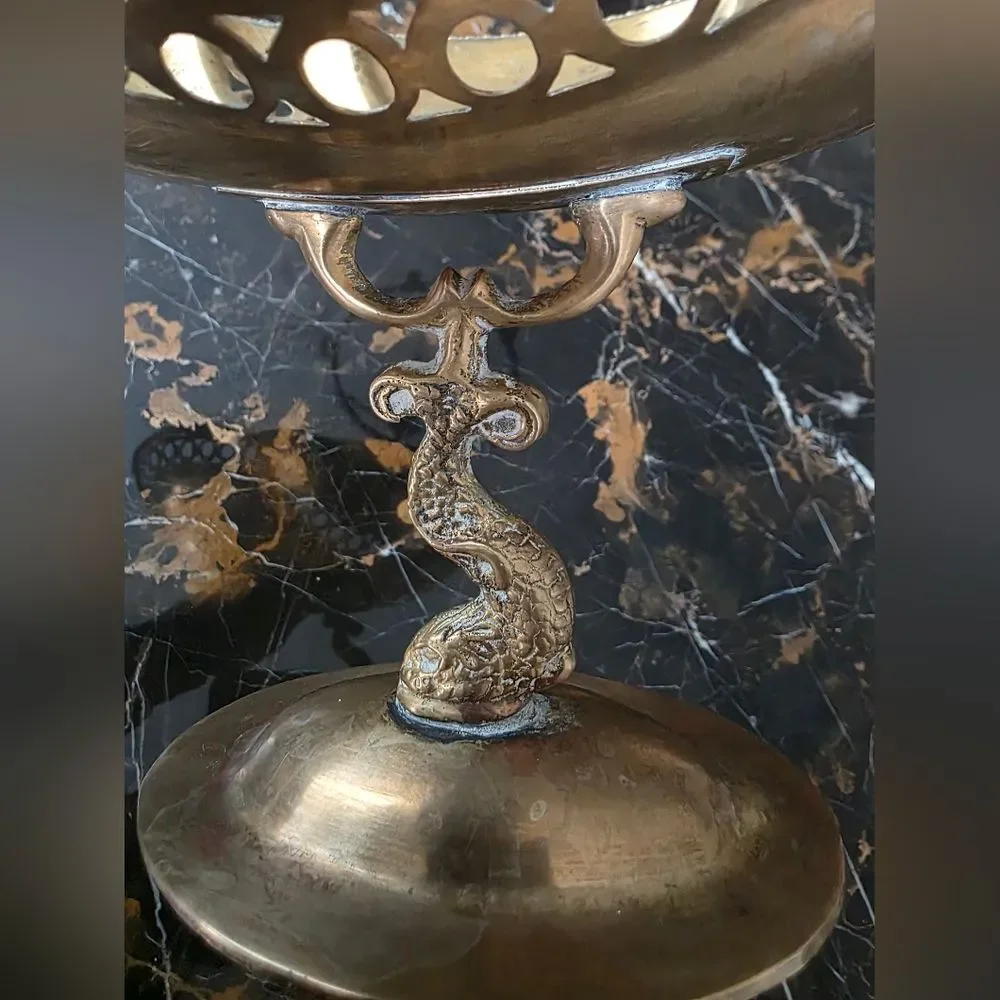 Vintage Brass Fish Pedestal Bowl 7x11.5 Koi